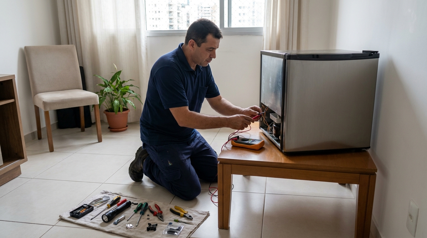 Técnico fazendo manutenção do motor de frigobar em Goiânia‑GO