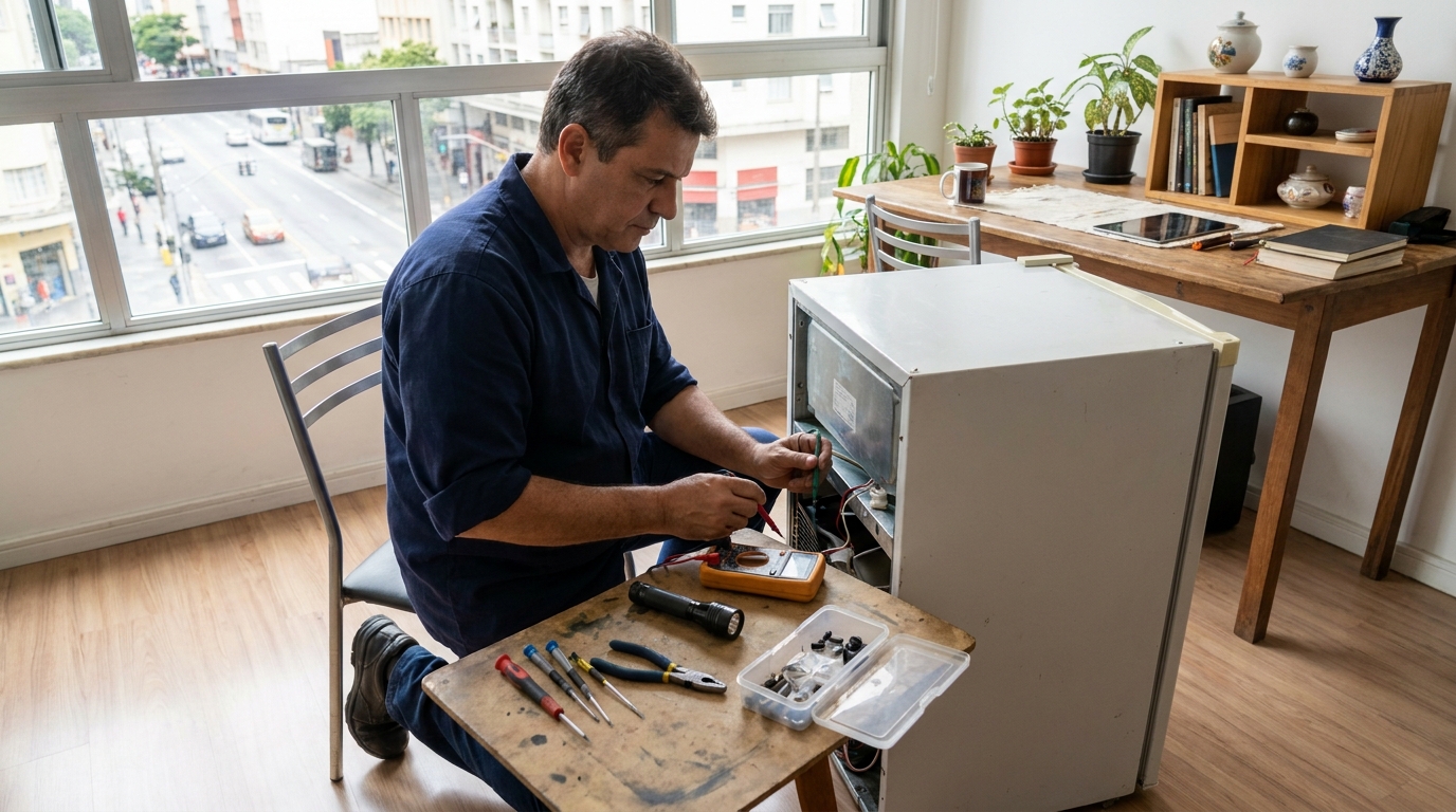 Recarga do gás refrigerante de frigobar durante atendimento em Goiânia‑GO