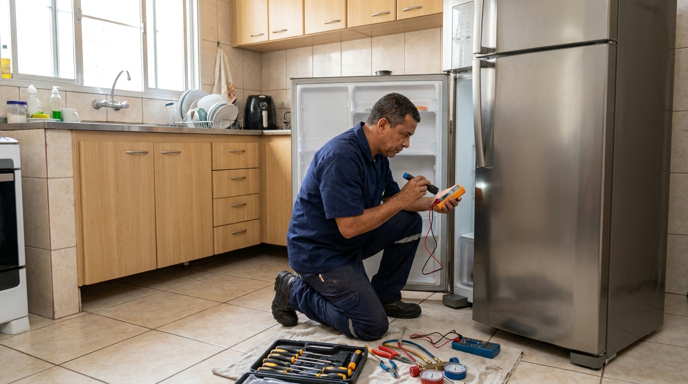 Técnico aplicando recarga de gás refrigerante em geladeira em Goiânia‑GO