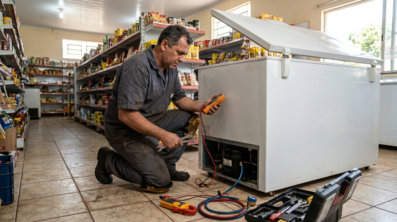 Substituição de termostato de freezer em visita técnica em Goiânia‑GO